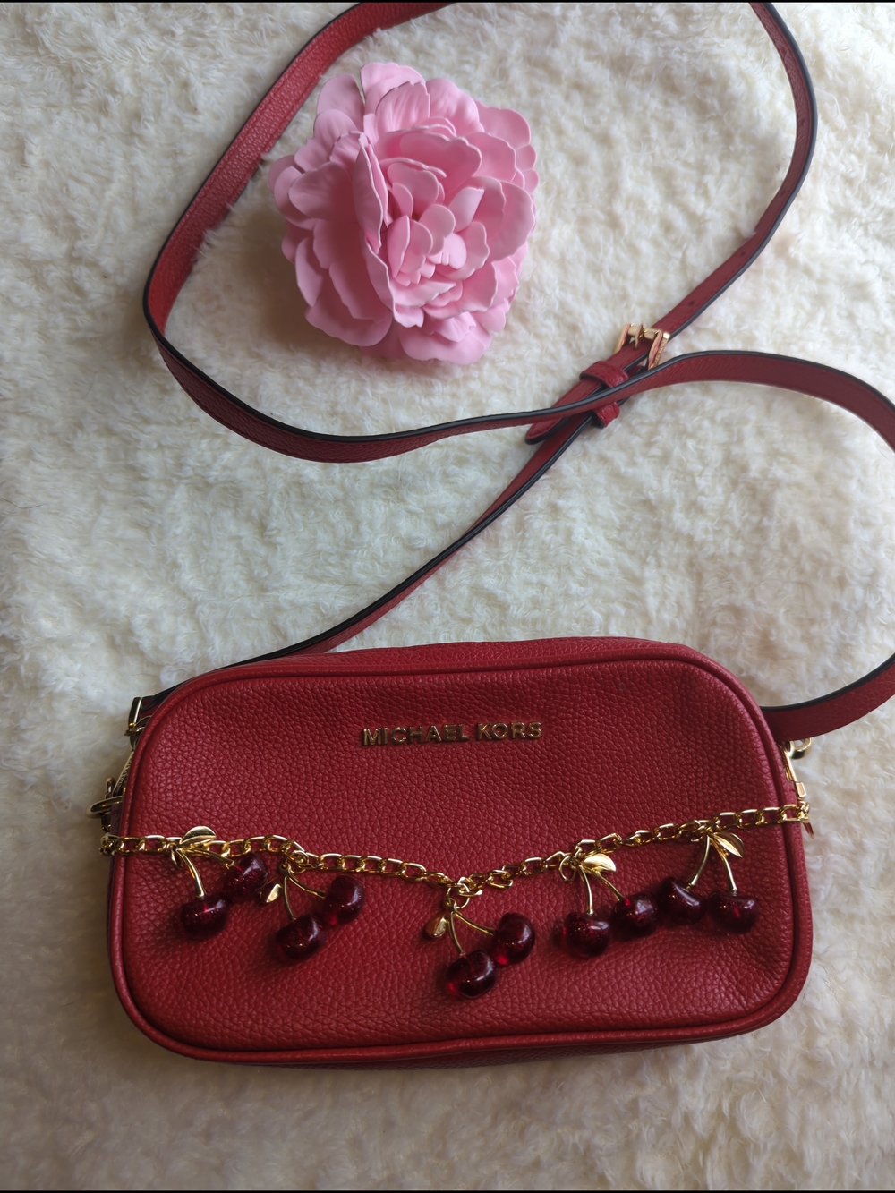 Michael Kors Red Pebbled Leather Crossbody with Cherry Chain Charm Cute